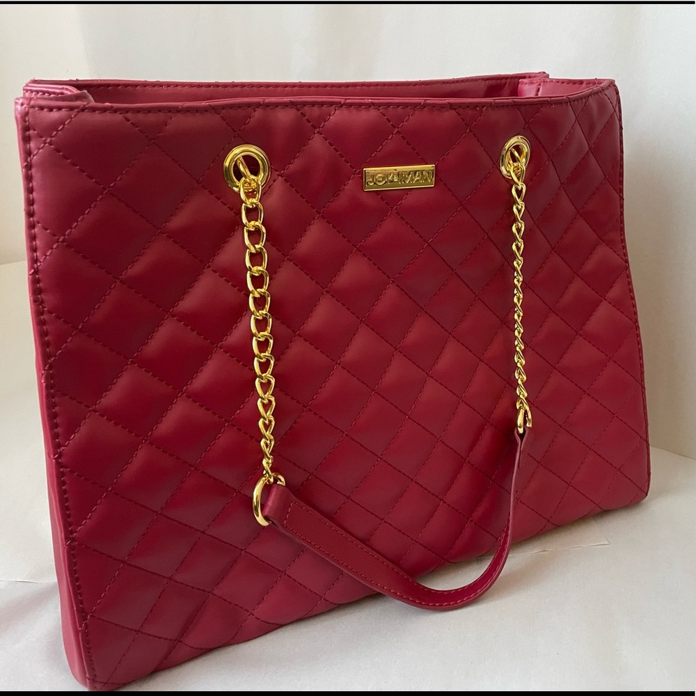 JOY & IMAN Satchel Diamond Quilted Leather Bag Red - Picture 3 of 13
